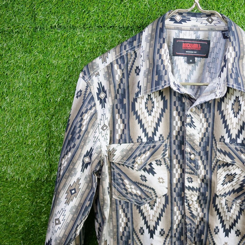 Rock & Roll Denim Aztec Western Pearl Snap Shirt - Men's Size M